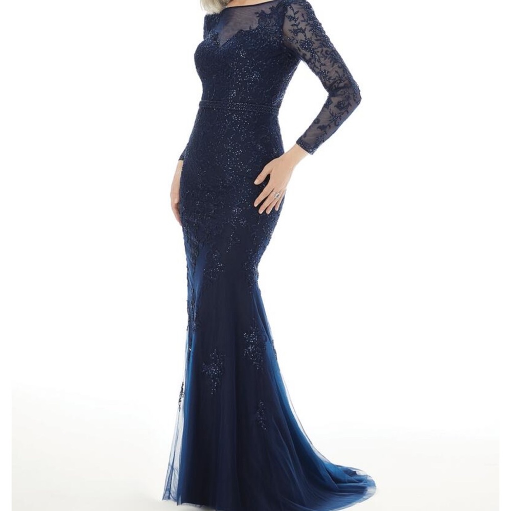 Mori Lee Navy Blue Lace Maxi Dress